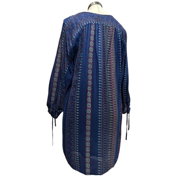 ROXY Mini Dress Sz M Navy Geo Stripe Print Peasant 3/4 Sleeve VNeck Button Up - Picture 6 of 11